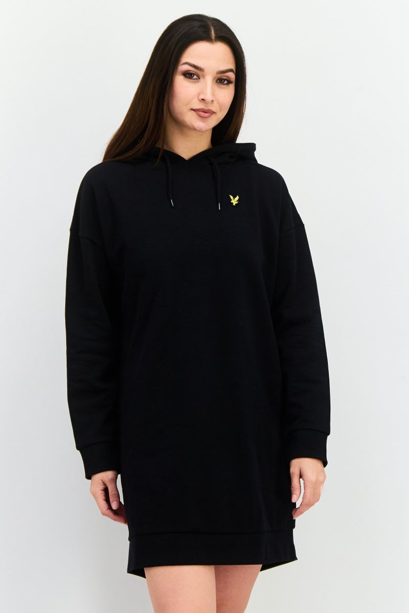 Lyle & Scott Women Hooded Embroidered Logo Sweater Dress, Black - Image 1