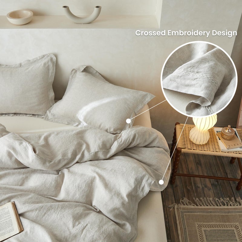 Simple&Opulence 100% Linen Duvet Cover Set with Crossed Embroidery Washed - 3 Pieces (1 Duvet Cover with 2 Pillow Shams) Soft Breathable Farmhouse - Linen, King Size - Image 4