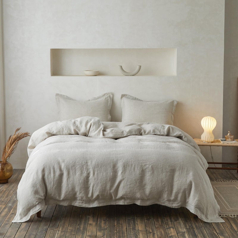 Simple&Opulence 100% Linen Duvet Cover Set with Crossed Embroidery Washed - 3 Pieces (1 Duvet Cover with 2 Pillow Shams) Soft Breathable Farmhouse - Linen, King Size - Image 1
