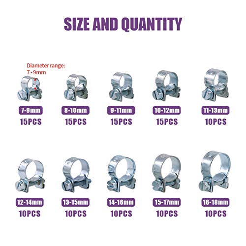 Swpeet 120Pcs 10 Sizes Zinc Plated Mini Fuel Injection Line Style Hose Clamp Assortment Kit Perfect for Automotive Agriculture Plant Construction - Image 3