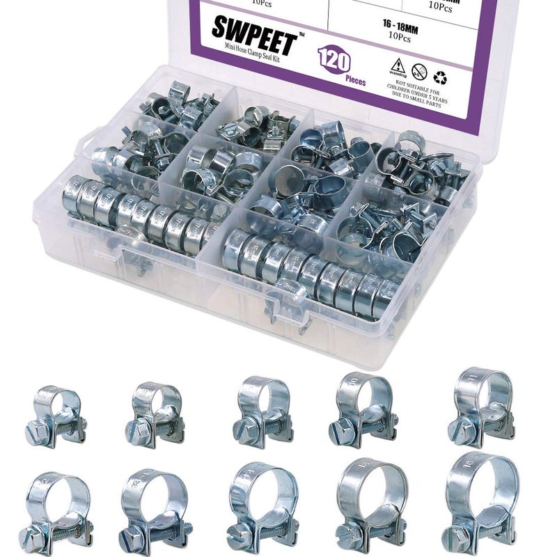 Swpeet 120Pcs 10 Sizes Zinc Plated Mini Fuel Injection Line Style Hose Clamp Assortment Kit Perfect for Automotive Agriculture Plant Construction - Image 2