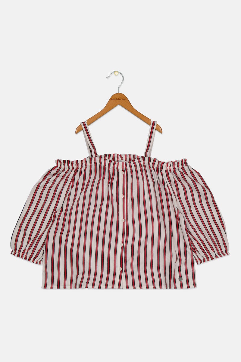 Pepe Jeans Kids Girl Off Shoulder Short Sleeves Stripe Blouse, White  - Image 1