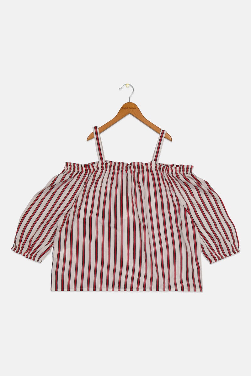 Pepe Jeans Kids Girl Off Shoulder Short Sleeves Stripe Blouse, White  - Image 2