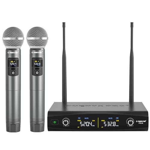 Phenyx Pro نظام ميكروفون لاسلكي Phenyx Pro، مجموعة ميكروفونات لاسلكية معدنية، ميكروفونات ديناميكية محمولة بدون سلك للغناء، الكاريوكي، الكنيسة، 2x30 ترددات UHF قابلة للتعديل، مدى 200 قدم (PTU-52-2H) - Image 1
