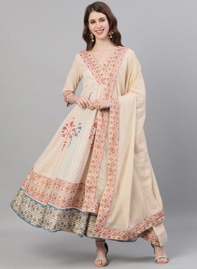 آي شين طقم كورتا بياقة على شكل حرف  مطبوع من إيشين مع دوباتا أناركالي - Image 1