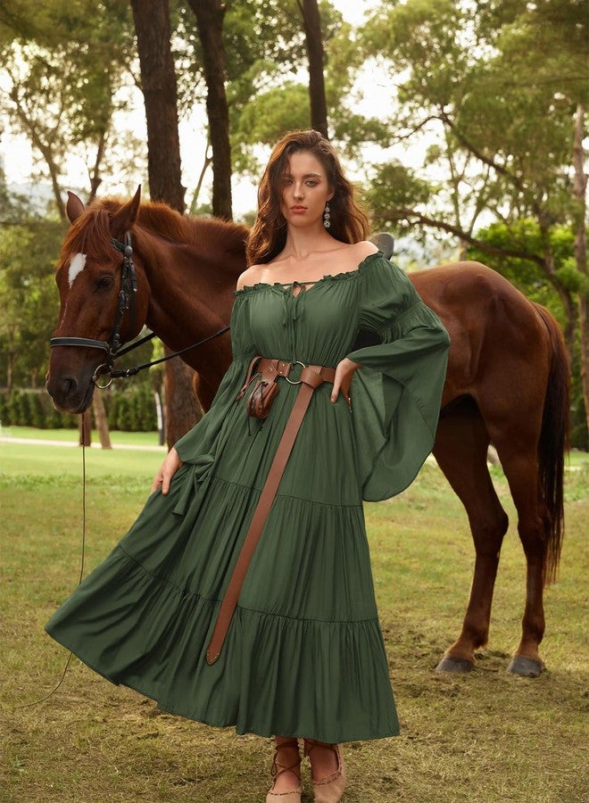 Scarlet Darkness Renaissance Costume Women Off Shoulder Bell Sleeve Tiered Maxi Dress, Olive Green, XXL - Image 2