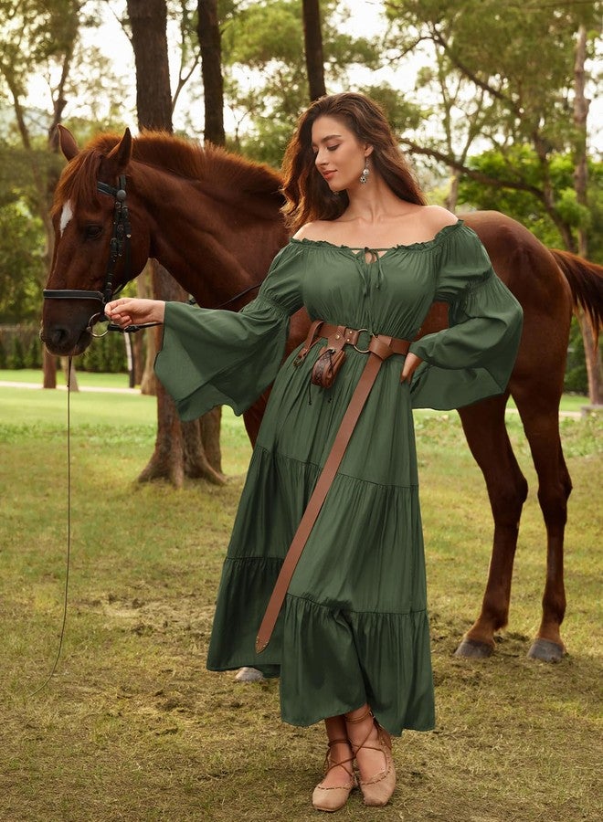 Scarlet Darkness Renaissance Costume Women Off Shoulder Bell Sleeve Tiered Maxi Dress, Olive Green, XXL - Image 4