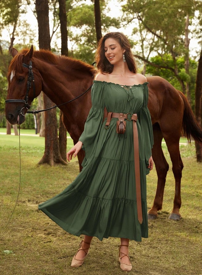 Scarlet Darkness Renaissance Costume Women Off Shoulder Bell Sleeve Tiered Maxi Dress, Olive Green, XXL - Image 3