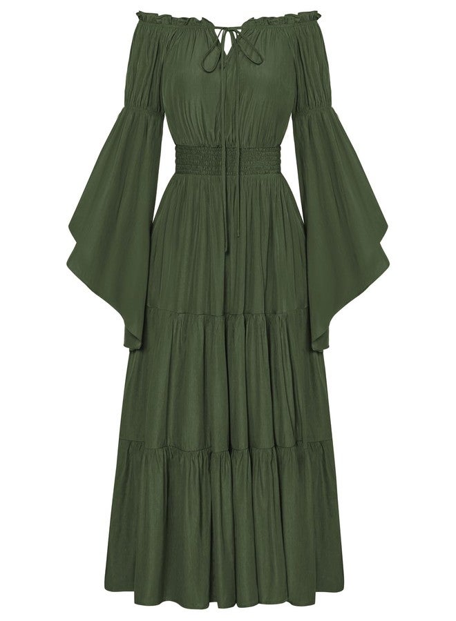 Scarlet Darkness Renaissance Costume Women Off Shoulder Bell Sleeve Tiered Maxi Dress, Olive Green, XXL - Image 1