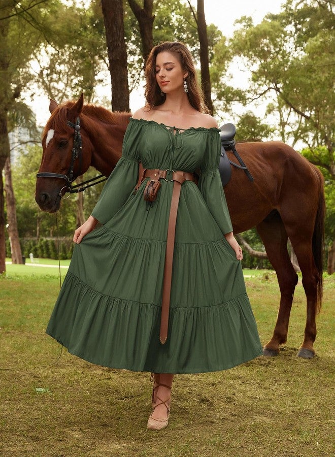 Scarlet Darkness Renaissance Costume Women Off Shoulder Bell Sleeve Tiered Maxi Dress, Olive Green, XXL - Image 5