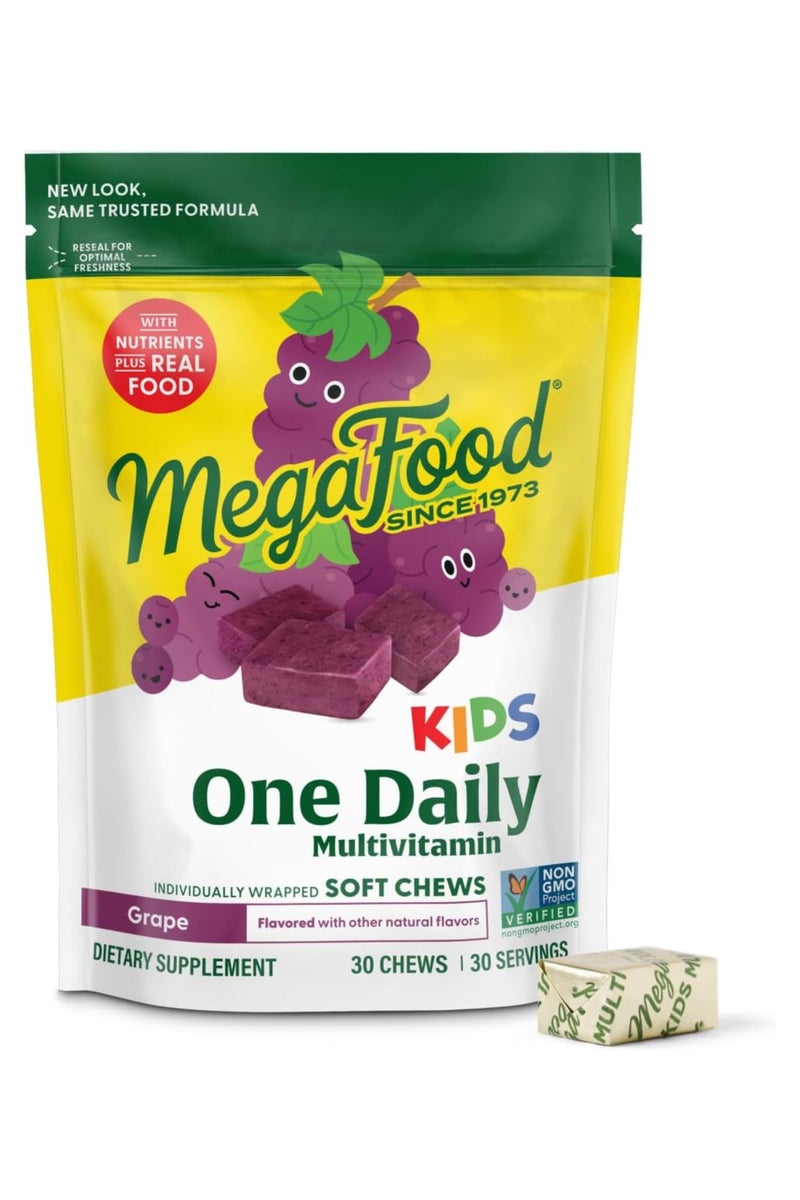 MegaFood Kids One Daily Multivitamin | With Nutrients Plus Real Food | Individually Wrapped Soft Chews - Grape Flavored with Other Natural Flavors - Dietary Supplement, 30 Chews | 30 Servings - Image 1