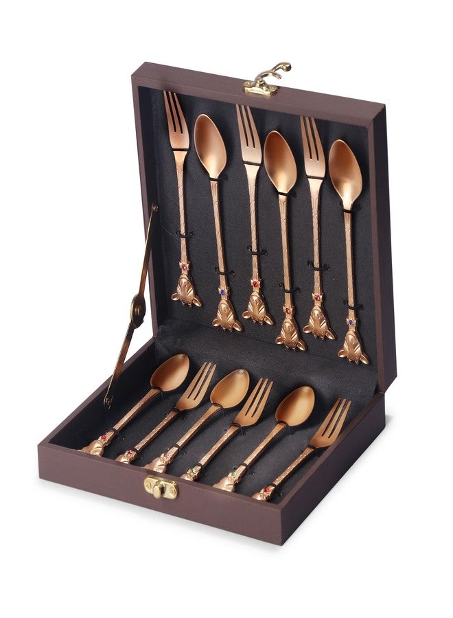 MERISH Set of 12 Stainless Steel Creative Tableware Dessert Spoon & Fork for Coffee,Sugar,Mixing,Tea,Stirring,Cake & Ice Cream,Stir bar Gold Set - Set of 6 Designer Spoons & 6 Designer Forks - Image 1