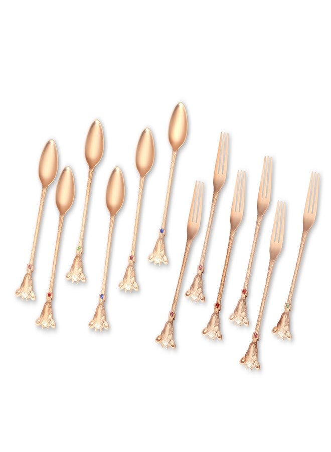 MERISH Set of 12 Stainless Steel Creative Tableware Dessert Spoon & Fork for Coffee,Sugar,Mixing,Tea,Stirring,Cake & Ice Cream,Stir bar Gold Set - Set of 6 Designer Spoons & 6 Designer Forks - Image 3