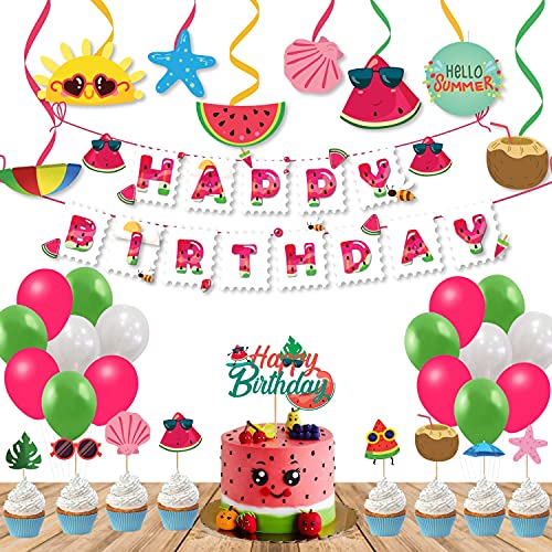 Festiko® Watermelon Summer Theme Birthday Party Decorations All In One Combo for Baby Boys/girls/Kids Supplies-6months/1st/One/(Banner/bunting,Swirls,Balloons,Cake Toppers,Cup Cake Topper,Ribbons)- 38 Pcs - Image 1