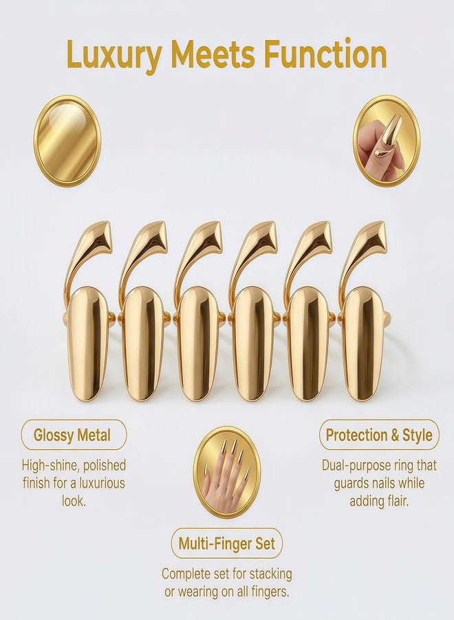 Elandy 6 PCS Wome Fashion Finger Nail Ring Golden Fingernail Protective Nail Cap Cover Ring Art Tip Cover Nail Metal Decoration For Wedding Travel Party Bar Club Get Together Events (Golden) - Image 3