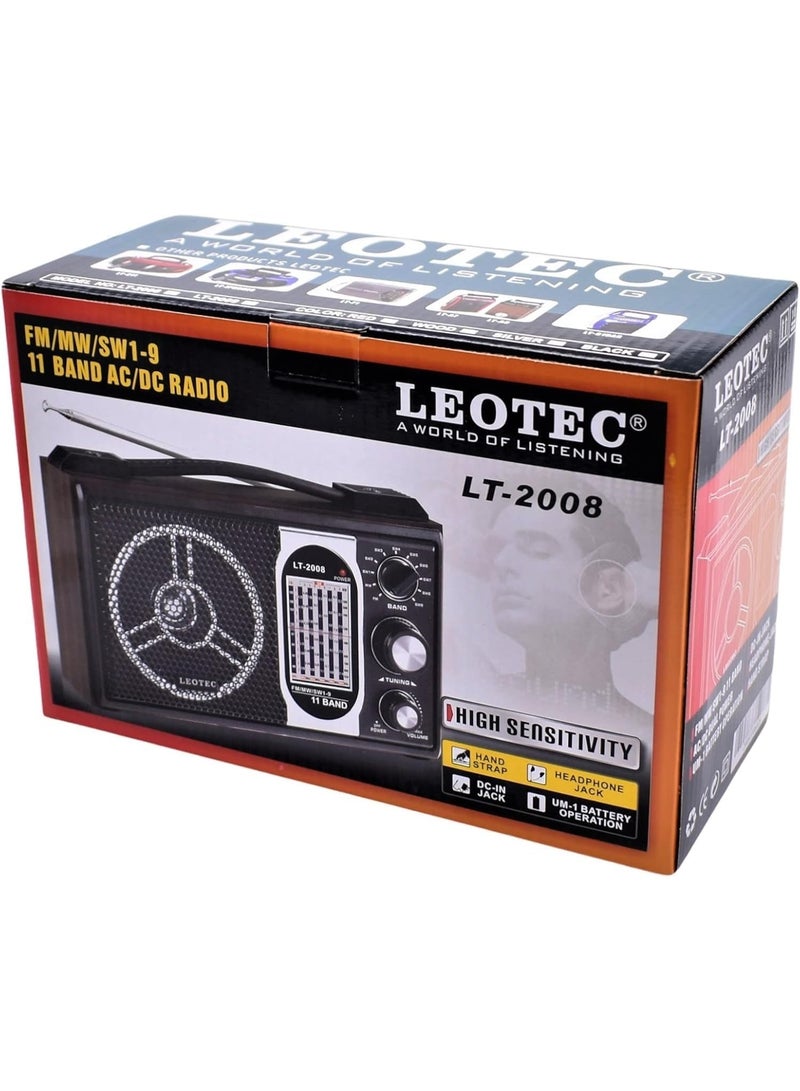 LEOTEC LT-2008 Classic Portable Radio with 11 Band FM/MW/SW1-9 Reception, High Sensitivity Signal Receiver, Wood Design AC/DC Radio with Headphone Jack & Hand Strap, Retro Vintage Wireless Audio Speaker, Black - Image 5
