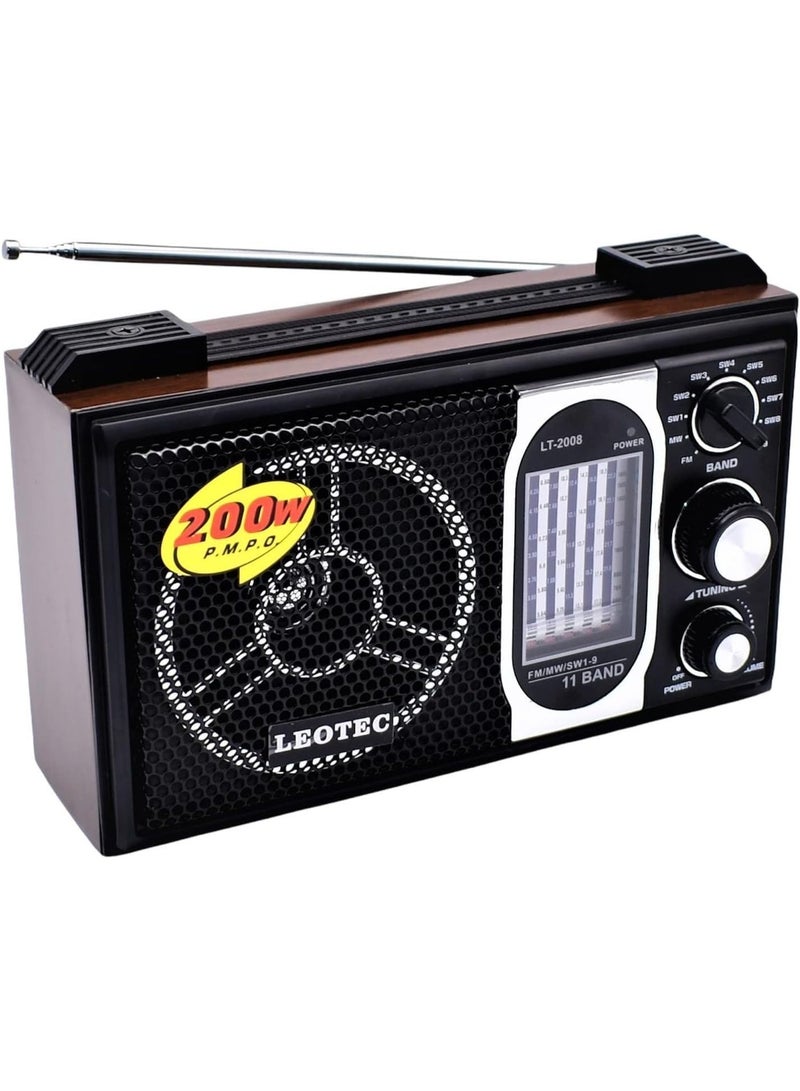 LEOTEC LT-2008 Classic Portable Radio with 11 Band FM/MW/SW1-9 Reception, High Sensitivity Signal Receiver, Wood Design AC/DC Radio with Headphone Jack & Hand Strap, Retro Vintage Wireless Audio Speaker, Black - Image 3