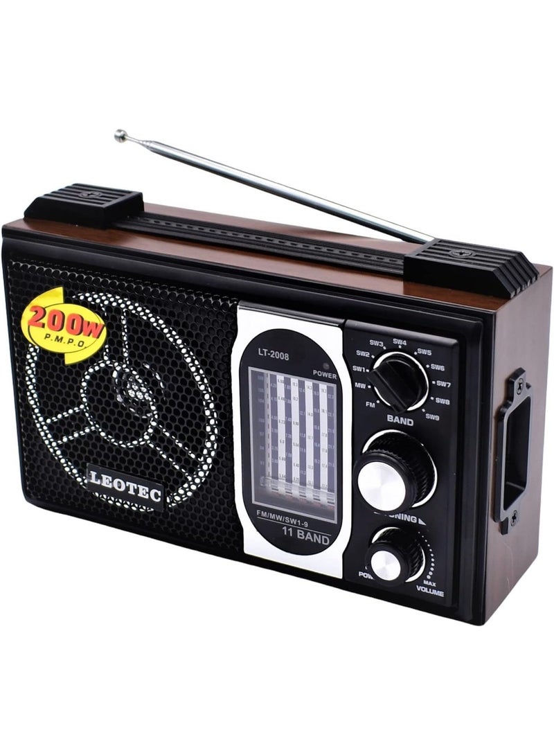 LEOTEC LT-2008 Classic Portable Radio with 11 Band FM/MW/SW1-9 Reception, High Sensitivity Signal Receiver, Wood Design AC/DC Radio with Headphone Jack & Hand Strap, Retro Vintage Wireless Audio Speaker, Black - Image 1