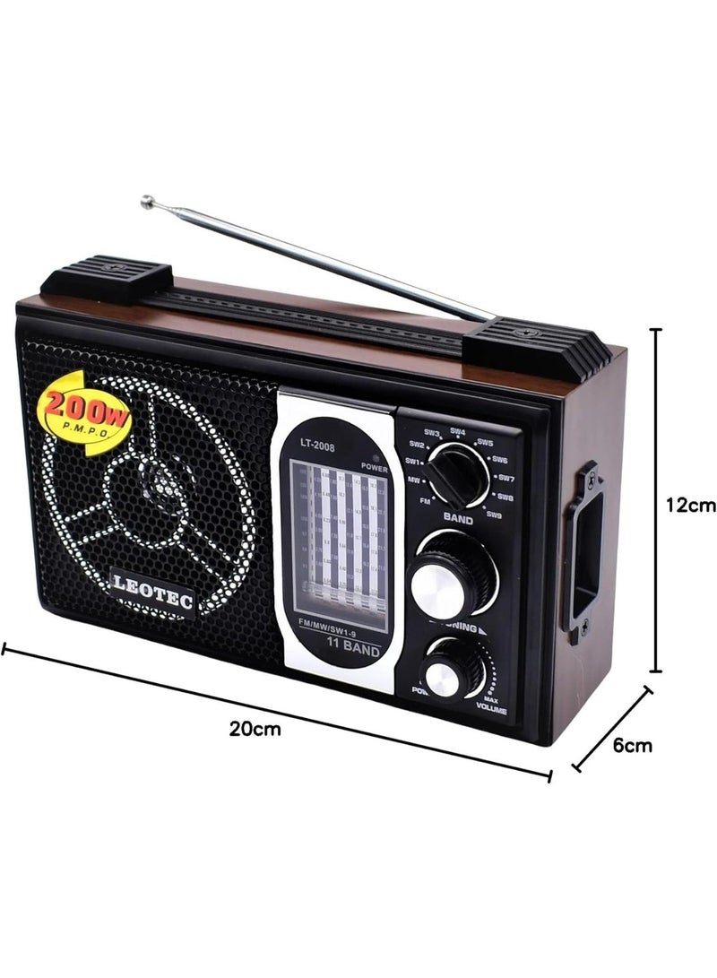 LEOTEC LT-2008 Classic Portable Radio with 11 Band FM/MW/SW1-9 Reception, High Sensitivity Signal Receiver, Wood Design AC/DC Radio with Headphone Jack & Hand Strap, Retro Vintage Wireless Audio Speaker, Black - Image 4