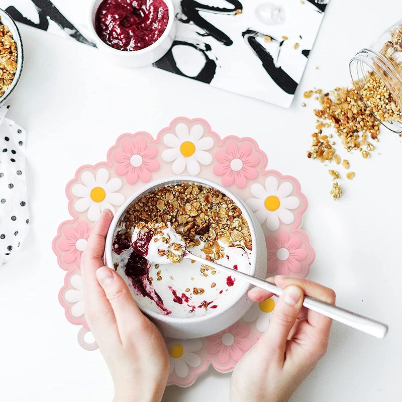 P Plus Fire Heat Resistant, Flexible and Non-Slip Coasters Flower Carved Silicone Trivet Set (Pink, Set of 6, Big & Medium Size) - Image 4