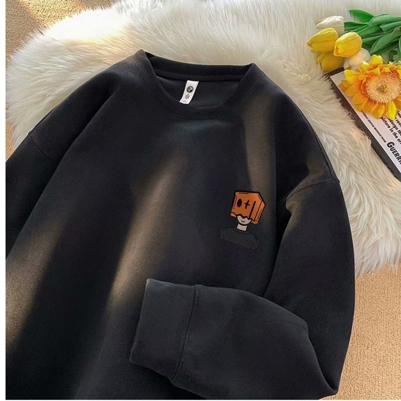 Retro Crew Neck Fleece Sweatshirt Men Autumn Winter White - Image 2