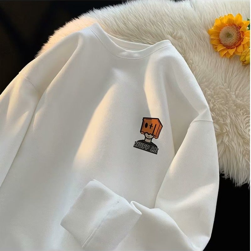 Retro Crew Neck Fleece Sweatshirt Men Autumn Winter White - Image 1