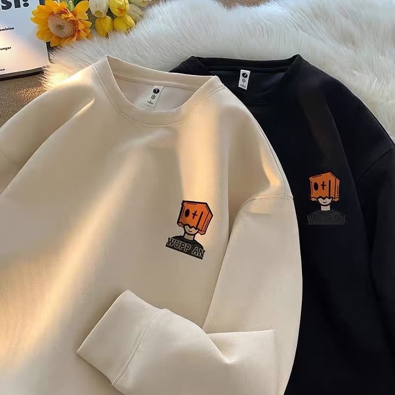 Retro Crew Neck Fleece Sweatshirt Men Autumn Winter White - Image 3