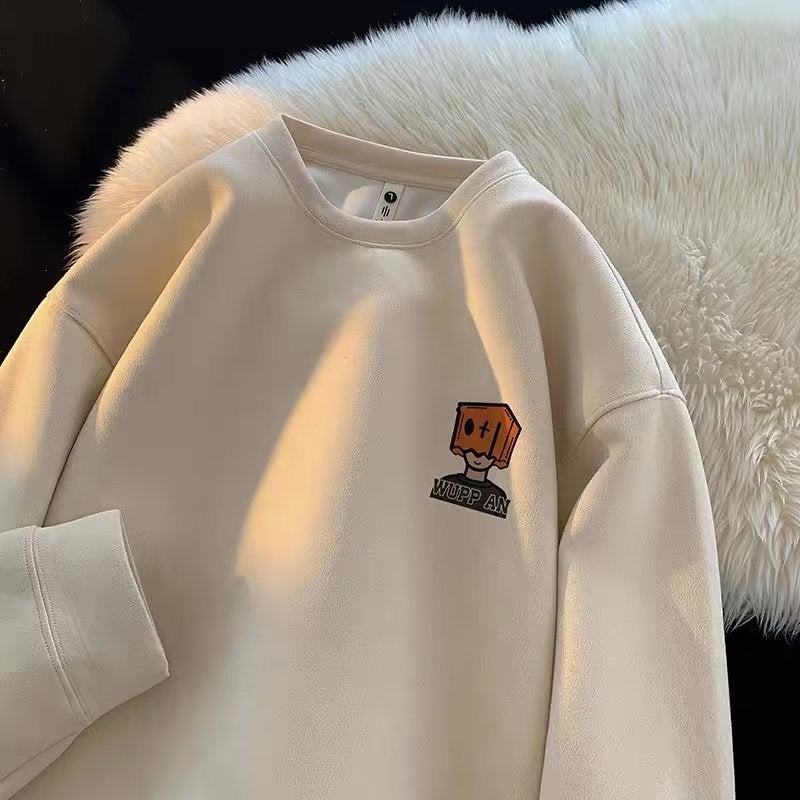 Retro Crew Neck Fleece Sweatshirt Men Autumn Winter White - Image 4