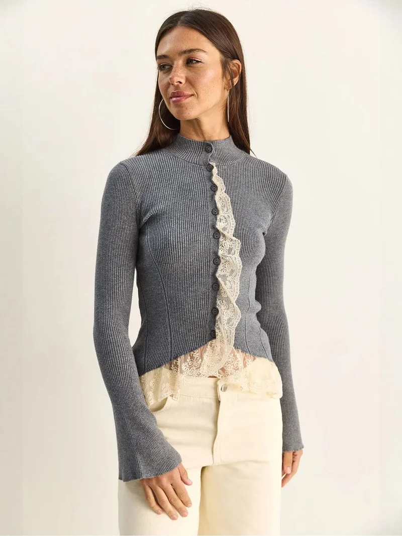 Bianco Lucci LUCCI Half Turtleneck Ribbed Cardigan