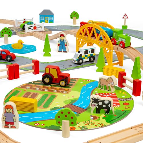 Bigjigs Rail 80 Piece Rural Road and Rail Wooden Train Set - Kids Train Set with 80 Bigjigs Train Accessories incl. Bridges & a Level Crossing for Pretend Play - Image 3