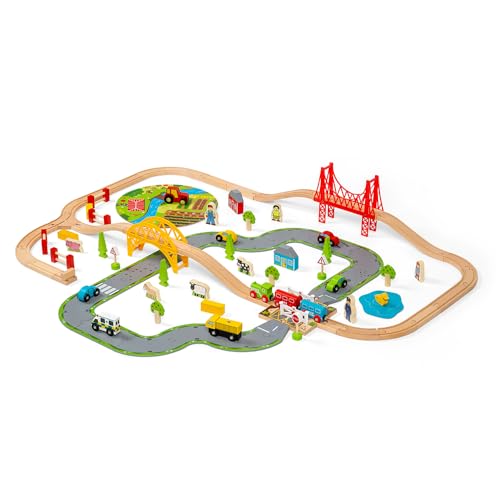 Bigjigs Rail 80 Piece Rural Road and Rail Wooden Train Set - Kids Train Set with 80 Bigjigs Train Accessories incl. Bridges & a Level Crossing for Pretend Play - Image 1