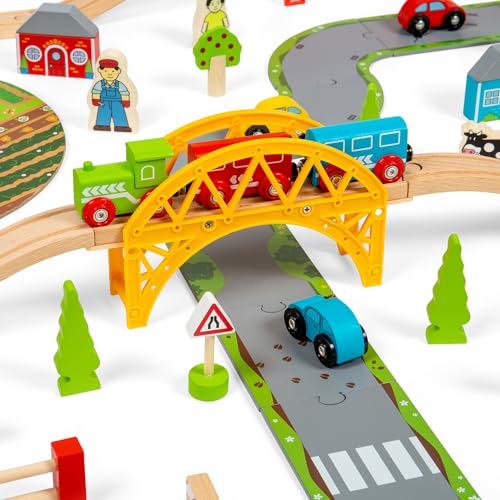 Bigjigs Rail 80 Piece Rural Road and Rail Wooden Train Set - Kids Train Set with 80 Bigjigs Train Accessories incl. Bridges & a Level Crossing for Pretend Play - Image 2