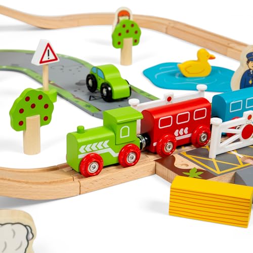Bigjigs Rail 80 Piece Rural Road and Rail Wooden Train Set - Kids Train Set with 80 Bigjigs Train Accessories incl. Bridges & a Level Crossing for Pretend Play - Image 4