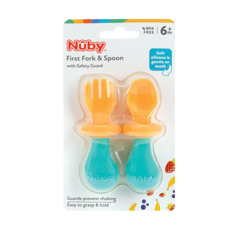 Nuby First Fork and Spoon Set - Utensils with Safety Guards for Babies 6+ Months - Orange and Aqua - Image 4