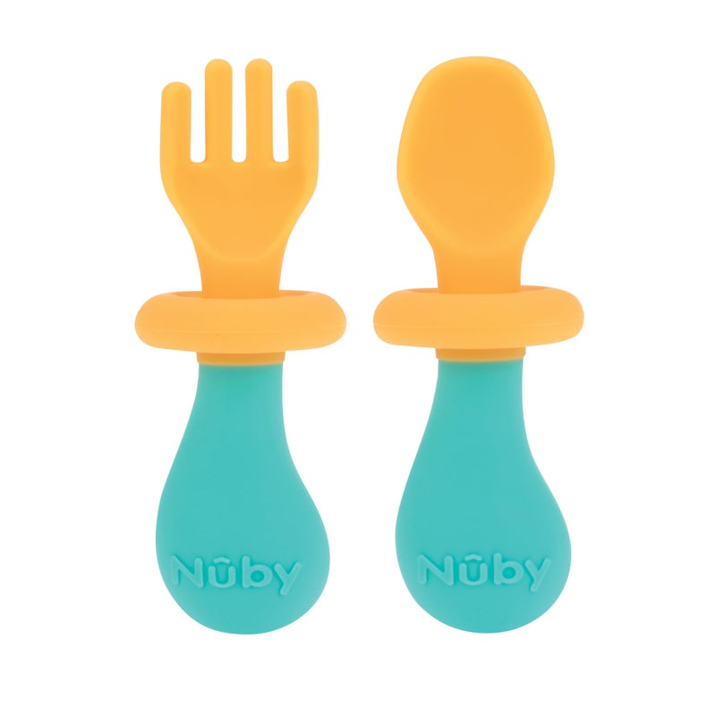 Nuby First Fork and Spoon Set - Utensils with Safety Guards for Babies 6+ Months - Orange and Aqua - Image 1