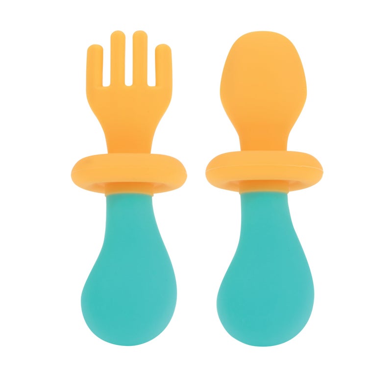 Nuby First Fork and Spoon Set - Utensils with Safety Guards for Babies 6+ Months - Orange and Aqua - Image 3