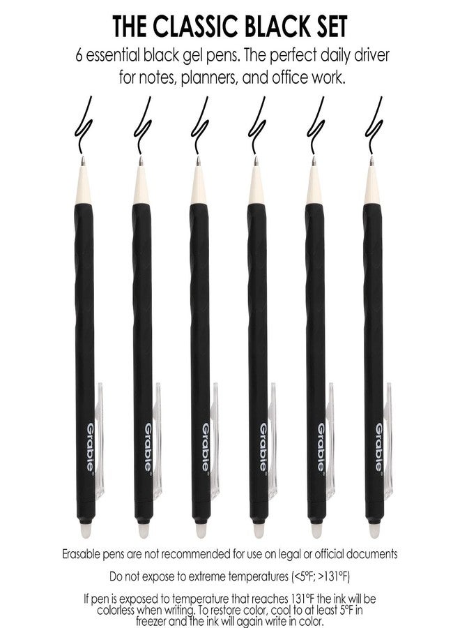 Grabie Erasable Gel Pens, Medium Point 0.7 mm Erasable Pens, Make Mistakes Disappear for Drawing Writing Planner, Pack of 6, Black - Image 2