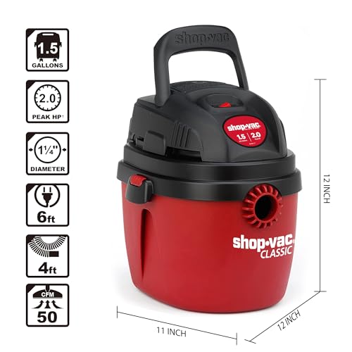 SHOPVAC مكنسة شوب-فاك 1.5 جالون 2.0 ذروة مبللة جافة، مكنسة محمولة مدمجة مع مقبض قابل للطي وحامل حائط وملحقات، ‎2030100 - Image 4
