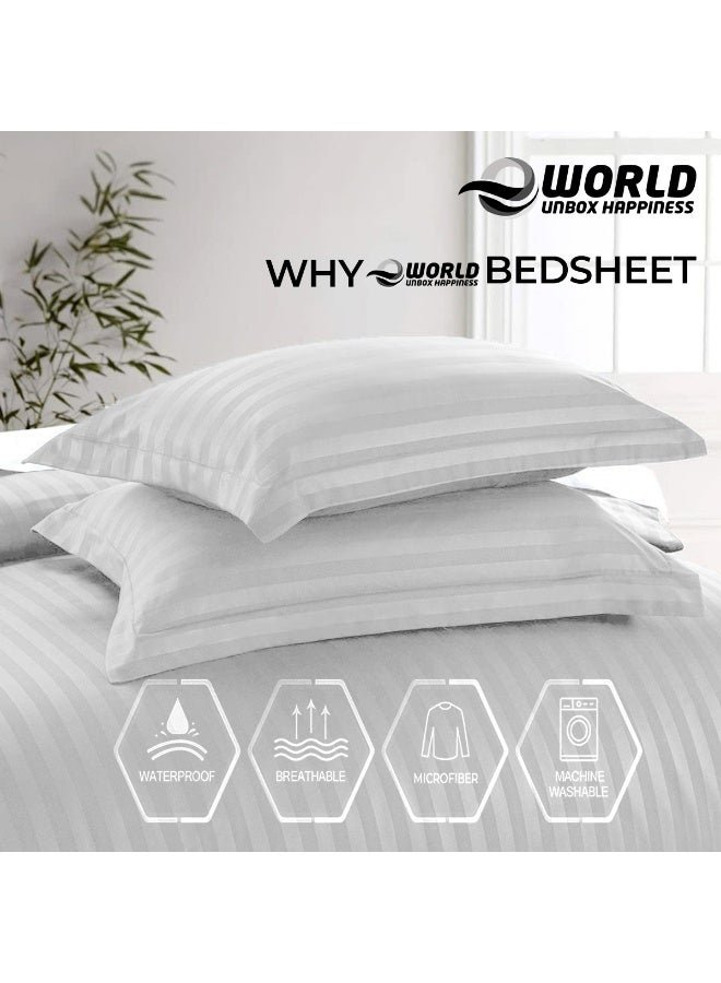 إي وورلد طقم أسرّة فاخر مكون من 4 قطع بحجم كينغ – تصميم مخطط باللون الأبيض، يشمل غطاء لحاف (220×240 سم)، وملاءة سرير (200×200 سم)، وغطاءي وسادة (48×74+5 سم) لإطلالة فندقية راقية - Image 5