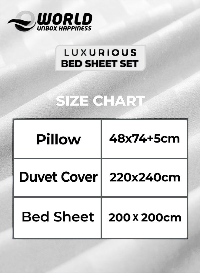 إي وورلد طقم أسرّة فاخر مكون من 4 قطع بحجم كينغ – تصميم مخطط باللون الأبيض، يشمل غطاء لحاف (220×240 سم)، وملاءة سرير (200×200 سم)، وغطاءي وسادة (48×74+5 سم) لإطلالة فندقية راقية - Image 2