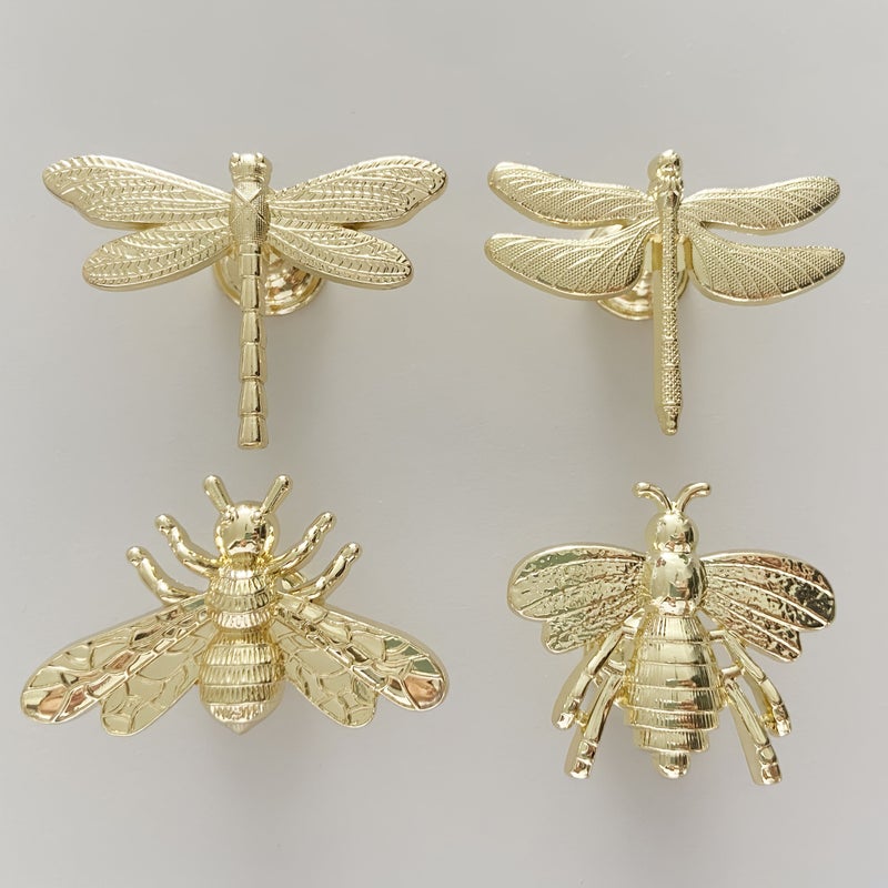 Vintage Golden Metal Bee And Dragonfly Drawer Pulls Set Of 4 - Image 4