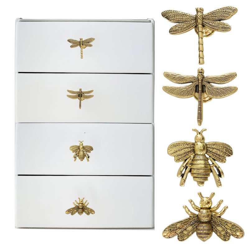 Vintage Golden Metal Bee And Dragonfly Drawer Pulls Set Of 4 - Image 5