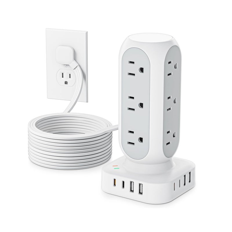 TenTrend Flat Plug Power Strip Tower 10FT, 40W Total Fast Charging Station, Dual PD 20W USB-C Surge Protector with 12 AC Outlets and 8 USB Ports (4 USB C), Long Extension Cord for Home Office Dorm Room - Image 1