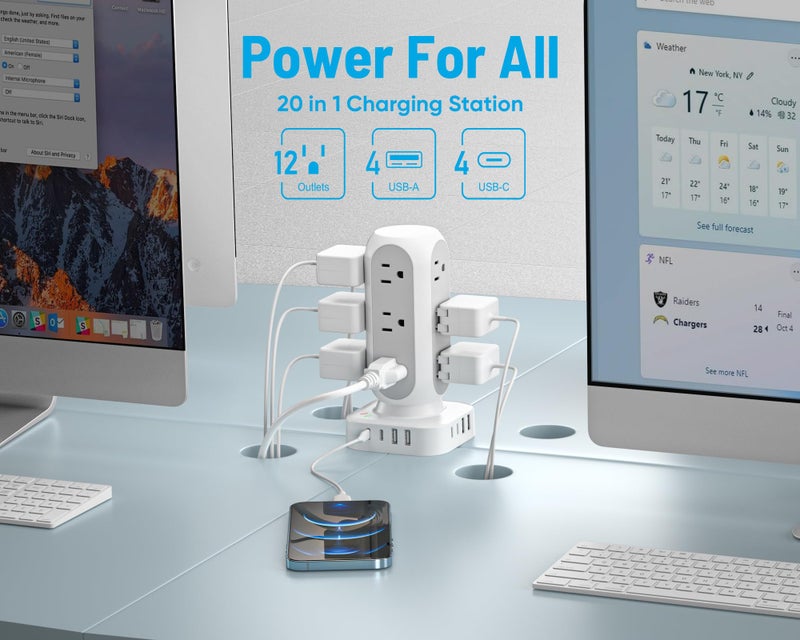 TenTrend Flat Plug Power Strip Tower 10FT, 40W Total Fast Charging Station, Dual PD 20W USB-C Surge Protector with 12 AC Outlets and 8 USB Ports (4 USB C), Long Extension Cord for Home Office Dorm Room - Image 2