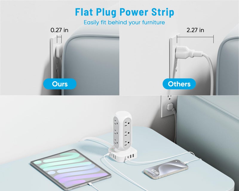 TenTrend Flat Plug Power Strip Tower 10FT, 40W Total Fast Charging Station, Dual PD 20W USB-C Surge Protector with 12 AC Outlets and 8 USB Ports (4 USB C), Long Extension Cord for Home Office Dorm Room - Image 4