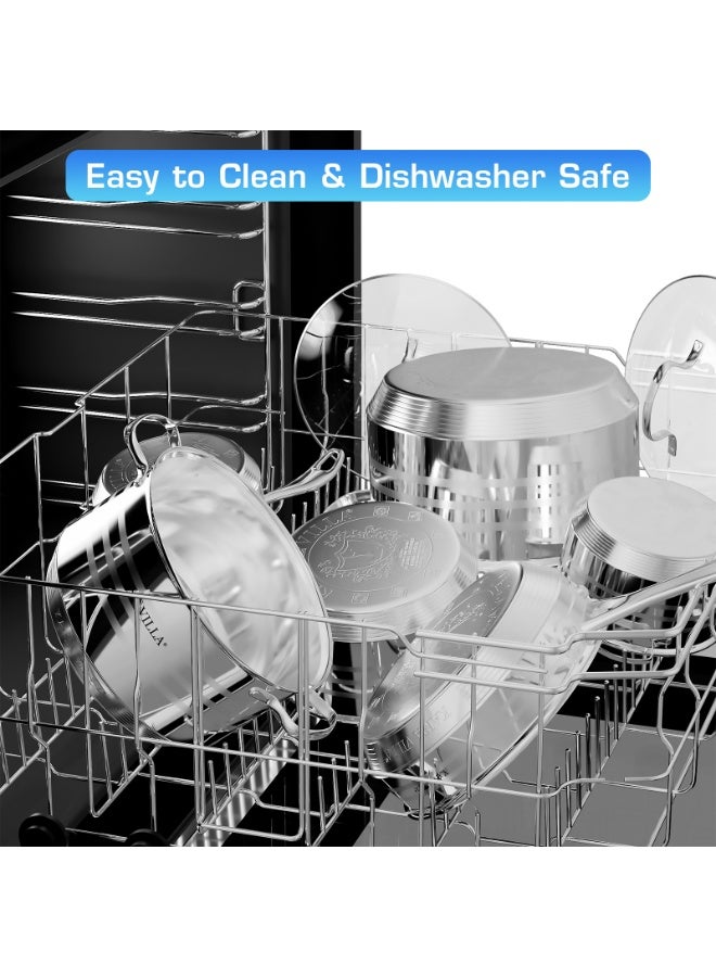 فيلا كايسا مجموعة من 12 قطعة من الأواني والمقالي المصنوعة من الفولاذ المقاوم للصدأ، مجموعة أواني طهي من الفولاذ المقاوم للصدأ بمقابض لا تسخن، تشمل قدور ومقالي ومقلاة كبيرة ومقلاة صغيرة وقِدر بخاري، يمكن غسلها في غسالة الأطباق - Image 4