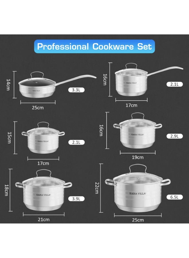 فيلا كايسا مجموعة من 12 قطعة من الأواني والمقالي المصنوعة من الفولاذ المقاوم للصدأ، مجموعة أواني طهي من الفولاذ المقاوم للصدأ بمقابض لا تسخن، تشمل قدور ومقالي ومقلاة كبيرة ومقلاة صغيرة وقِدر بخاري، يمكن غسلها في غسالة الأطباق - Image 3