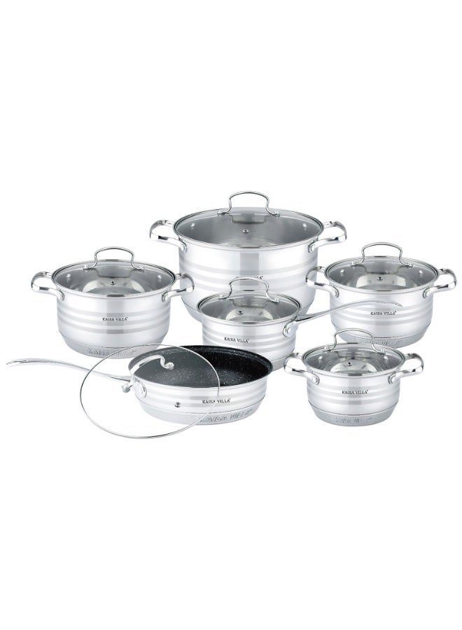 فيلا كايسا مجموعة من 12 قطعة من الأواني والمقالي المصنوعة من الفولاذ المقاوم للصدأ، مجموعة أواني طهي من الفولاذ المقاوم للصدأ بمقابض لا تسخن، تشمل قدور ومقالي ومقلاة كبيرة ومقلاة صغيرة وقِدر بخاري، يمكن غسلها في غسالة الأطباق - Image 1