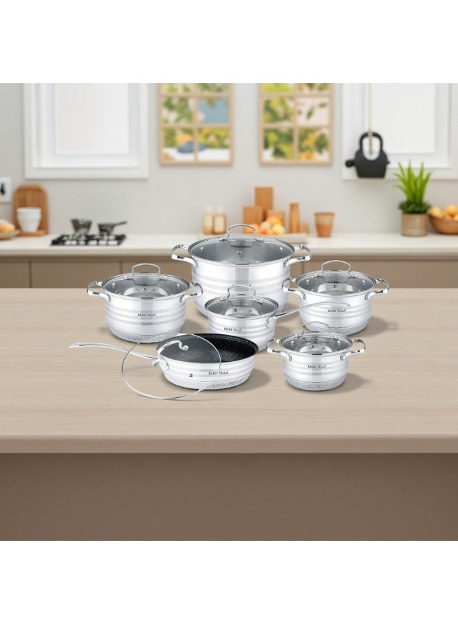 فيلا كايسا مجموعة من 12 قطعة من الأواني والمقالي المصنوعة من الفولاذ المقاوم للصدأ، مجموعة أواني طهي من الفولاذ المقاوم للصدأ بمقابض لا تسخن، تشمل قدور ومقالي ومقلاة كبيرة ومقلاة صغيرة وقِدر بخاري، يمكن غسلها في غسالة الأطباق - Image 2