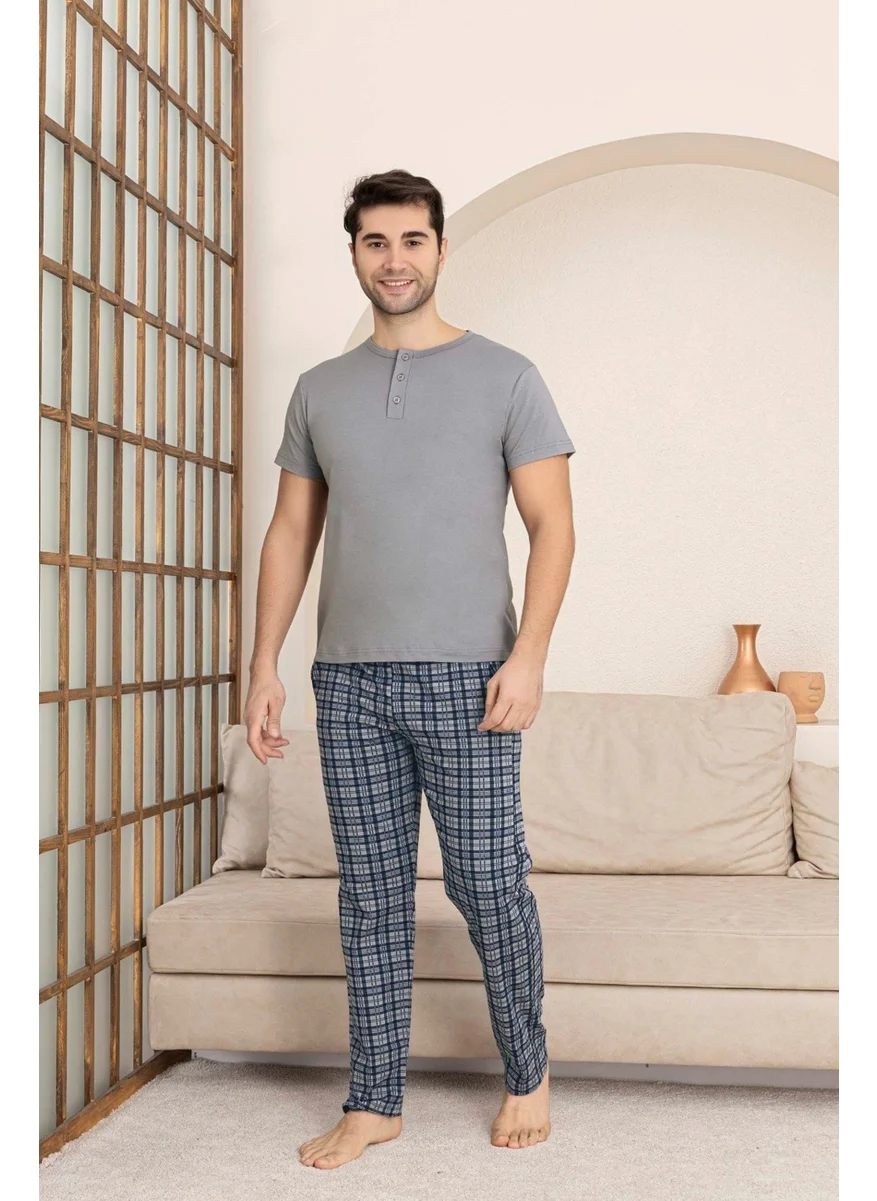 Bie'S Men's Plaid Pattern 3 Buttoned Crew Neck Modal Summer Short Sleeve Pocket Pajama Set
